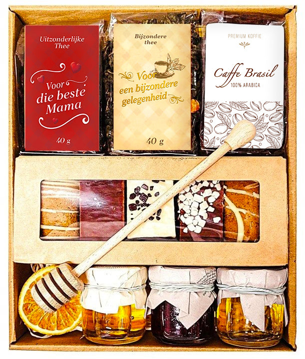 Geschenkmand voor Moederdag – koffie, thee, lebkuchen en honing
