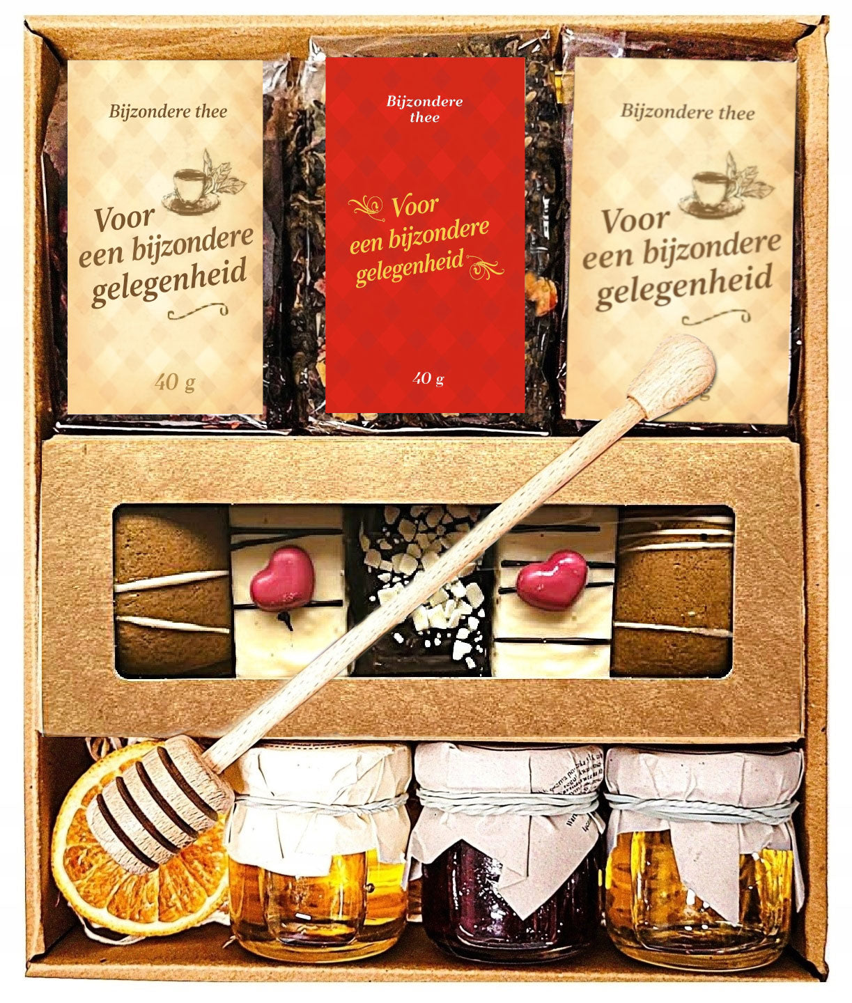 Cadeaumand met Drie Soorten Thee, Kruidkoekjes, Confituur en Honing