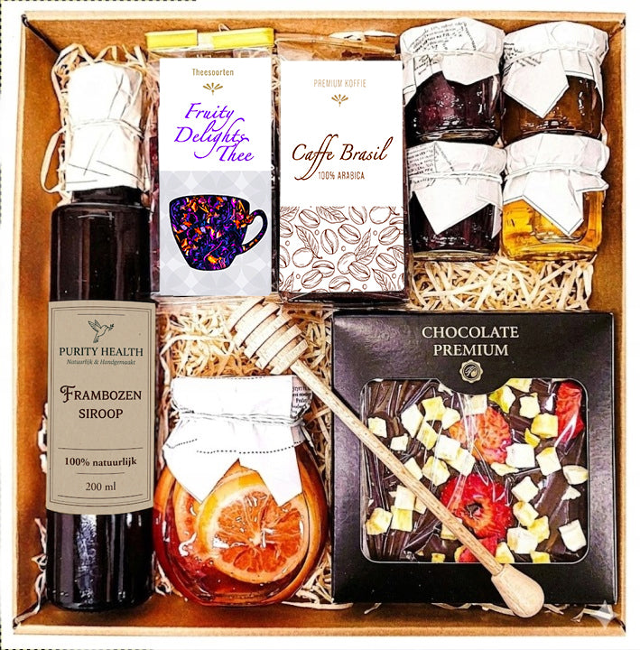 Cadeaumand met Koffie, Thee, Chocolade, Honing en Siroop
