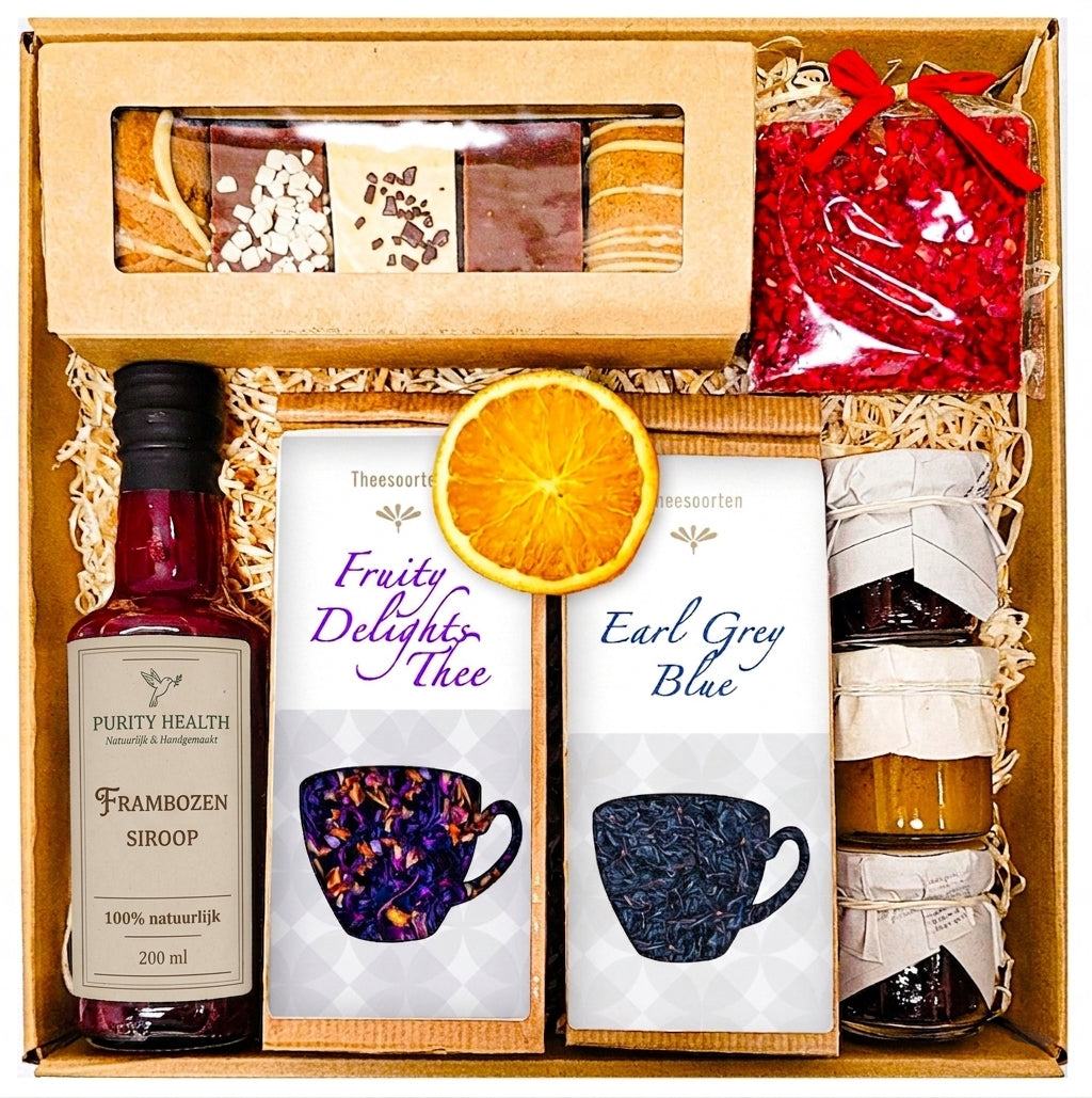 Geschenkmand – honing, thee, siroop, chocolade en peperkoek