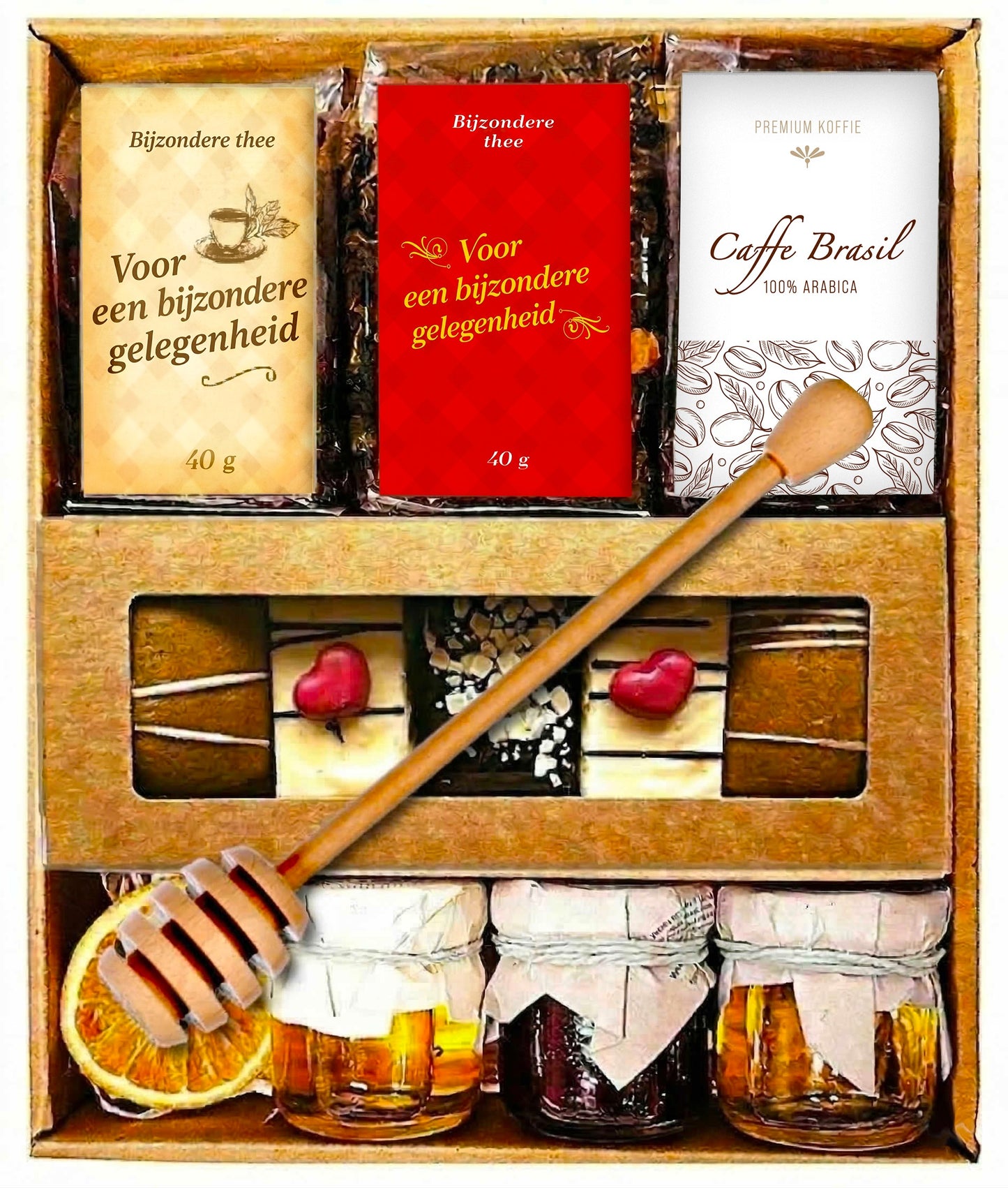 Thee-geschenkset: 2 hoogwaardige theesoorten, koffie, peperkoek, honing & fruitspread
