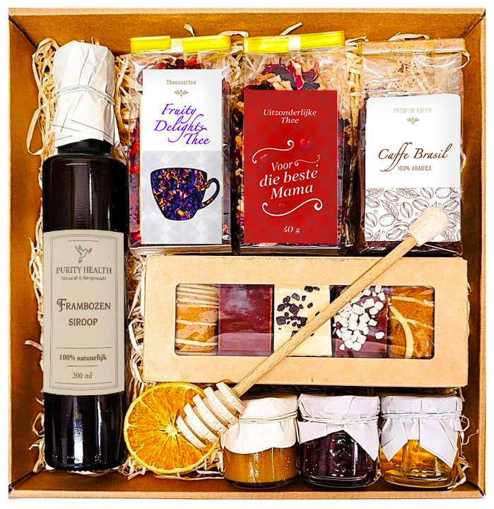 Geschenkmand voor Moederdag – thee, koffie, lebkuchen en siroop