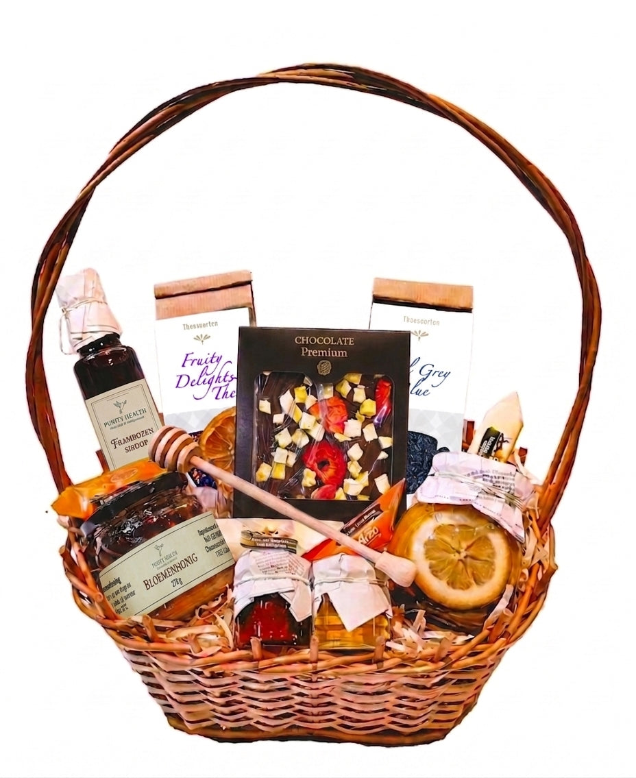 Mega-geschenkmand – honing, lekkernijen, thee, chocolade, siroop en citroen