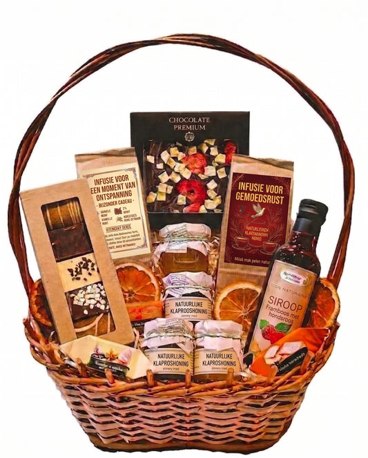 Mega-geschenkmand – honing, lekkernijen, kruidenthee, chocolade en siroop