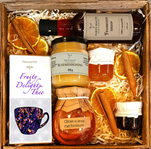 Cadeaumand met Thee, Honing, Siroop en Citroenschijfjes