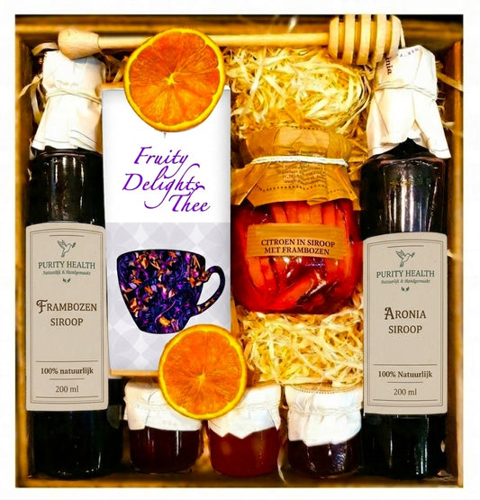 Geschenkmand cadeau – peerkoek, honing, frambozensiroop & citroen
