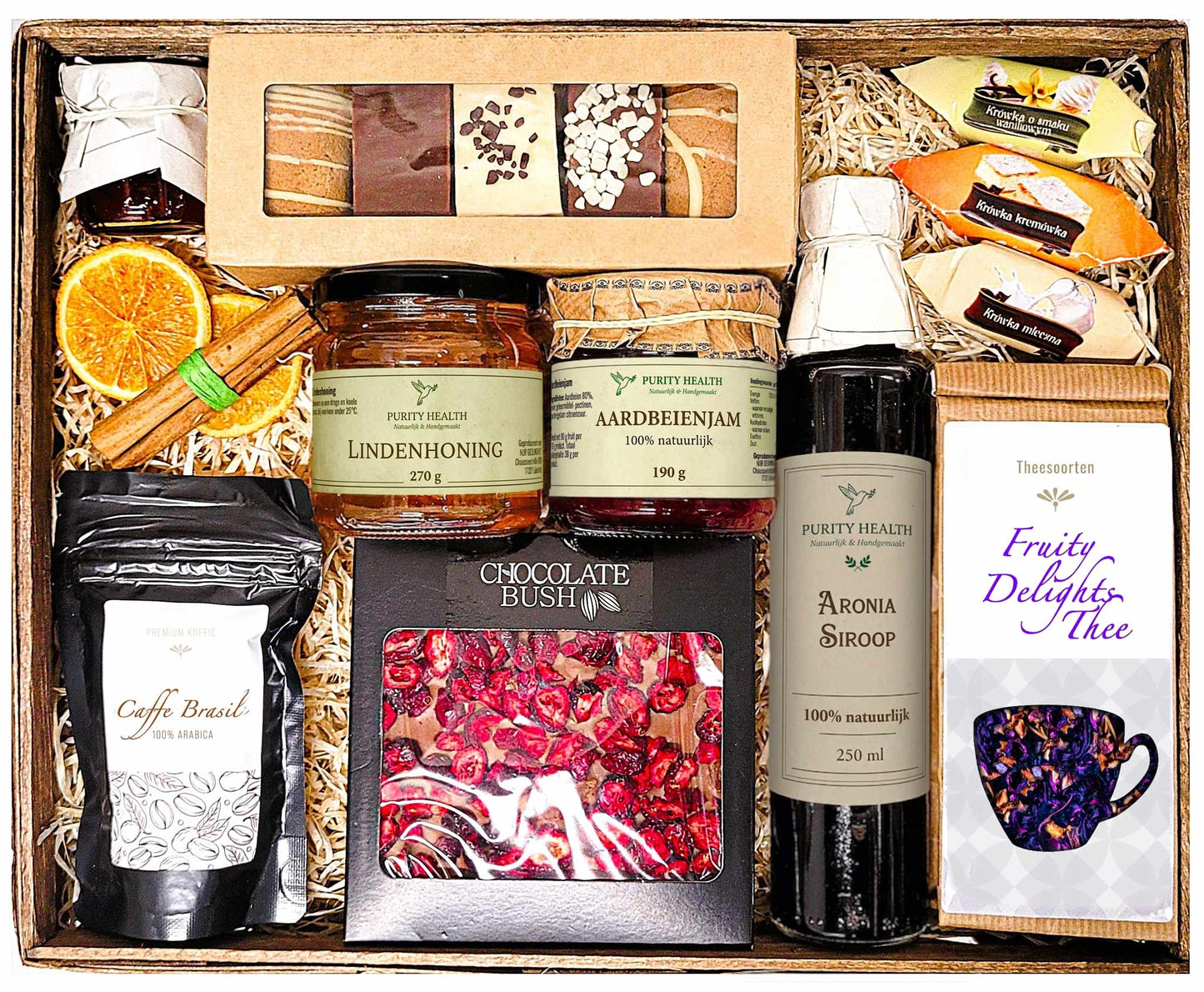Cadeaupakket XL met Koffie, Thee, Chocolade, Honing en Siroop