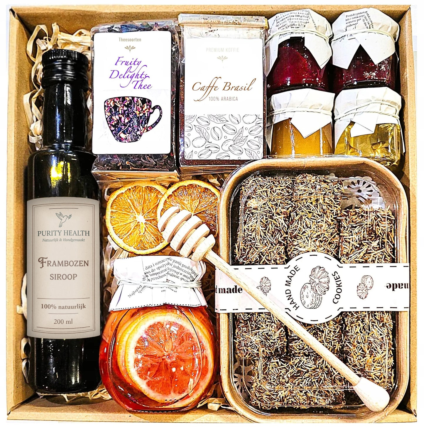 Cadeaupakket met thee, koffie, honing, siroop en kataifi-koekjes