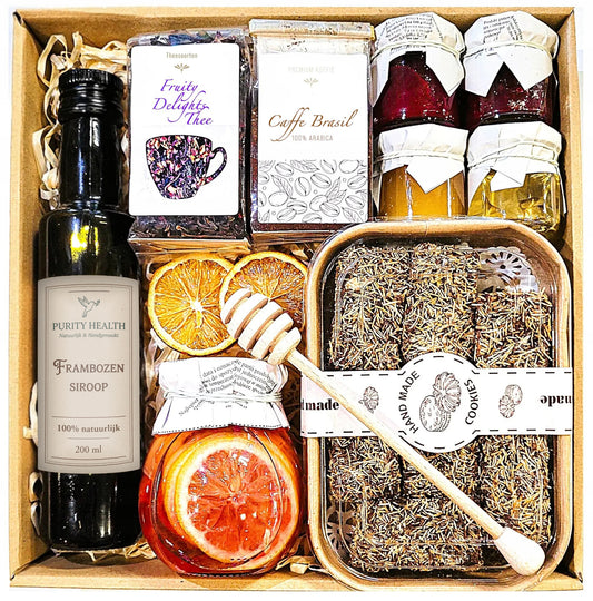 Cadeaupakket met thee, koffie, honing, siroop en kataifi-koekjes