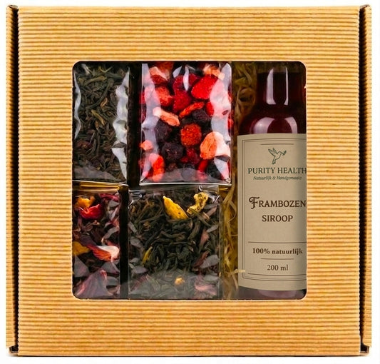 Thee-geschenkset: 4 hoogwaardige theesoorten & siroop in een geschenkmand