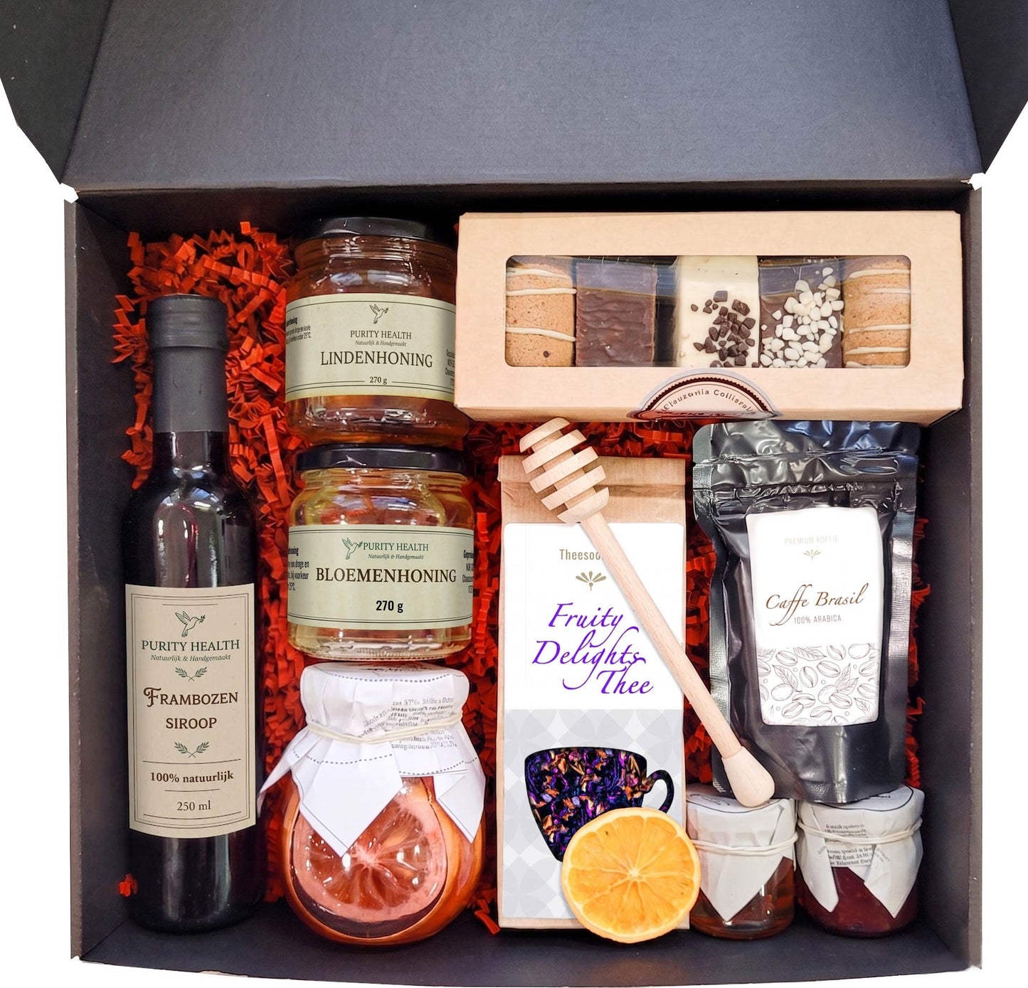 Premium Cadeaubox met Koffie, Thee, Honing, Siroop en Kruidkoeken