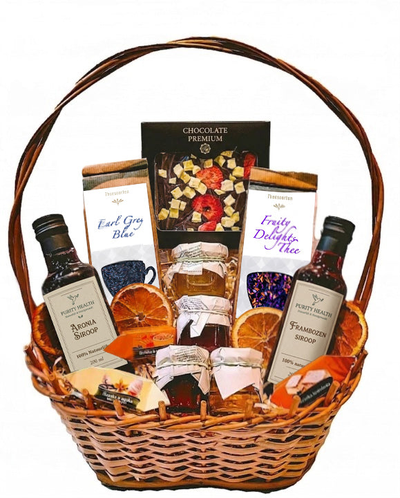 Cadeaumand XXL met Thee, Siroop, Honing, Confituur en Chocolade