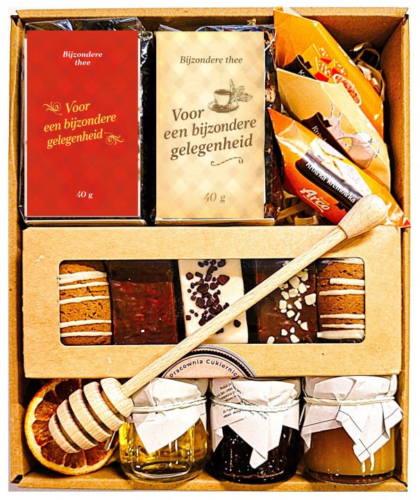 Cadeaumand met Thee, Confituur, Honing en Kruidkoeken