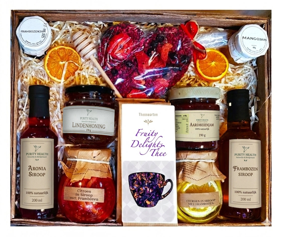 Cadeaupakket XL met thee, siroop, honing, jam en chocoladehart