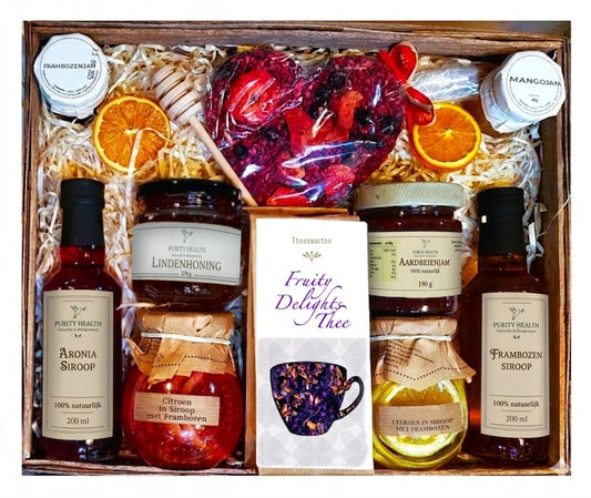 Cadeaupakket XL met thee, siroop, honing, jam en chocoladehart