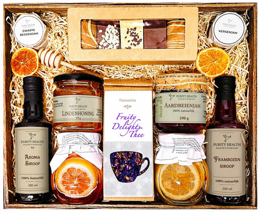 Cadeaupakket XL met Thee, Siroop, Honing, Confituur en Kruidkoeken