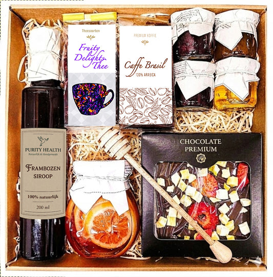 Cadeaumand met Koffie, Thee, Chocolade, Honing en Siroop