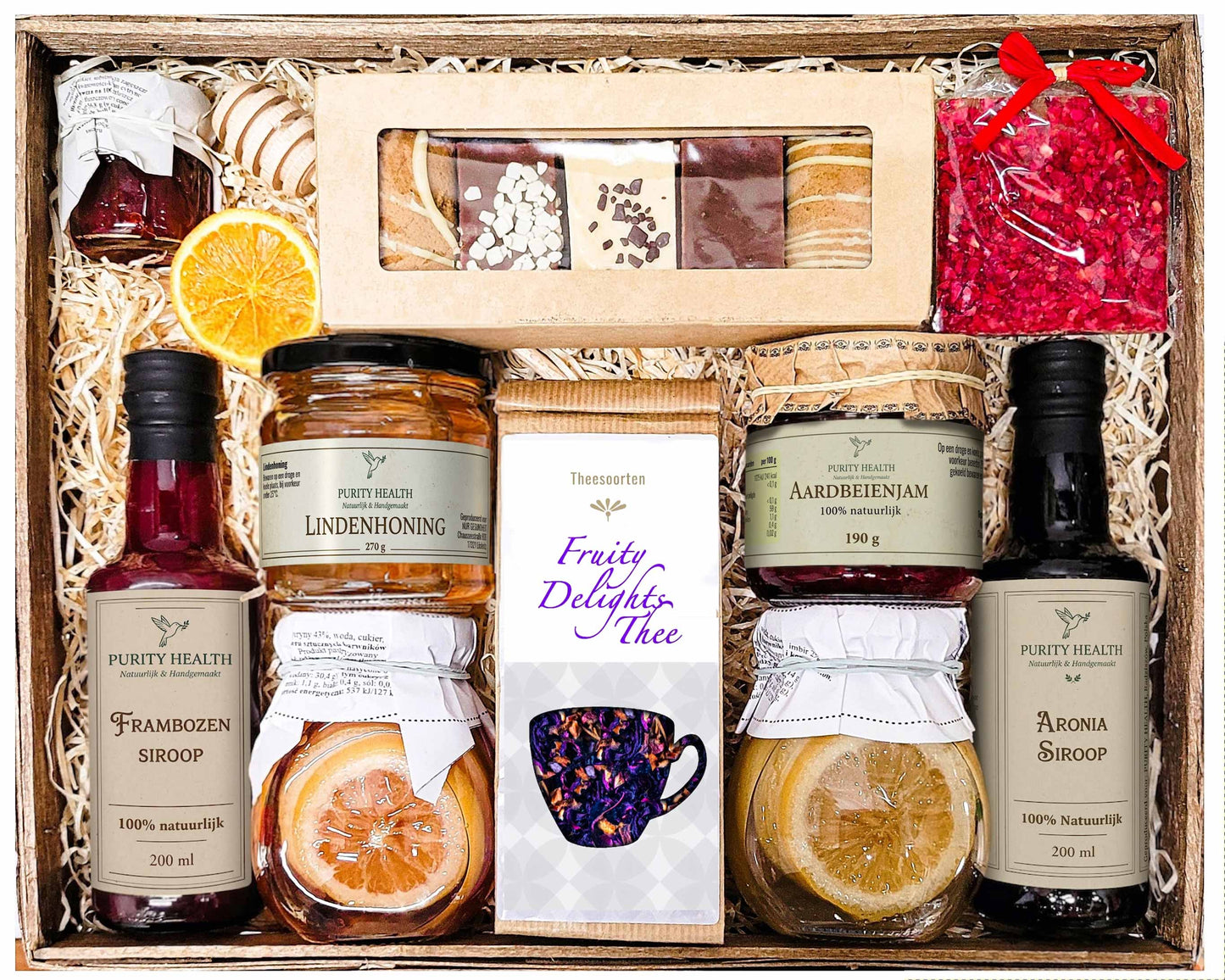 Cadeaupakket XL met Thee, Honing, Confituur, Siroop en Chocolade