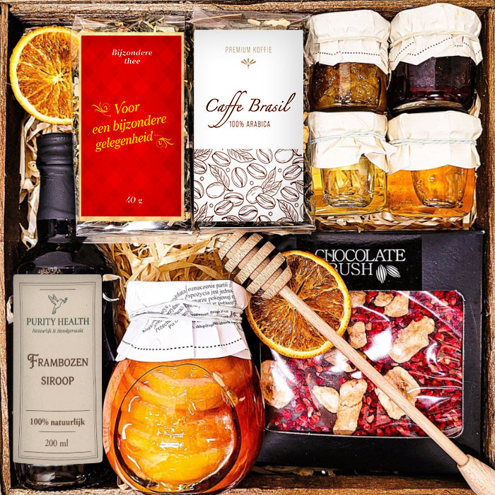 Geschenkmand, cadeau, honing, thee, koffie, confituur, chocolade