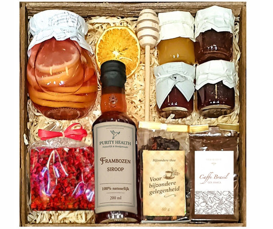 Cadeaupakket met Thee, Koffie, Honing, Siroop, Confituur en Chocolade