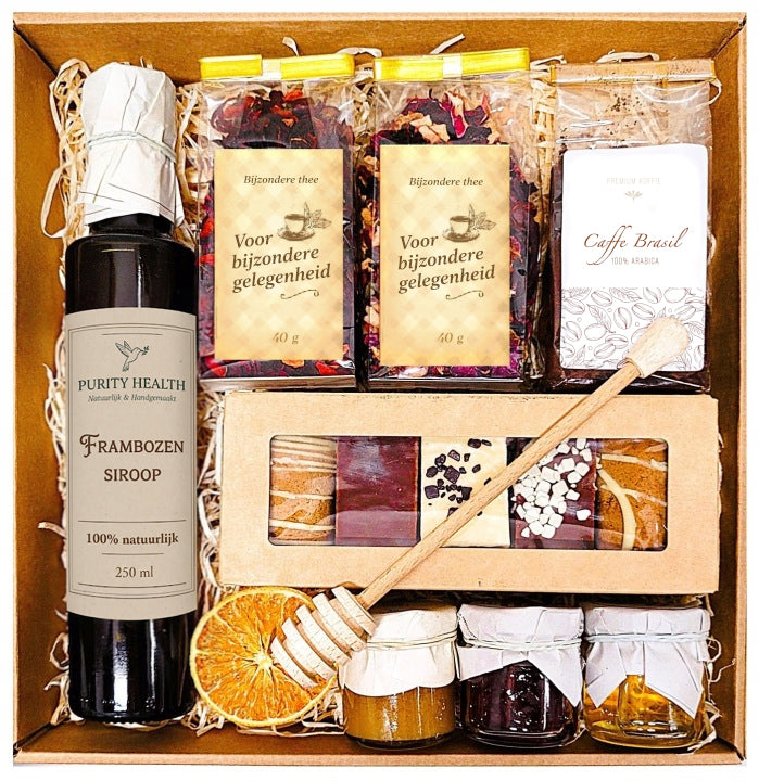 Cadeaumand met Thee, Koffie, Siroop, Confituur, Honing en Kruidkoeken
