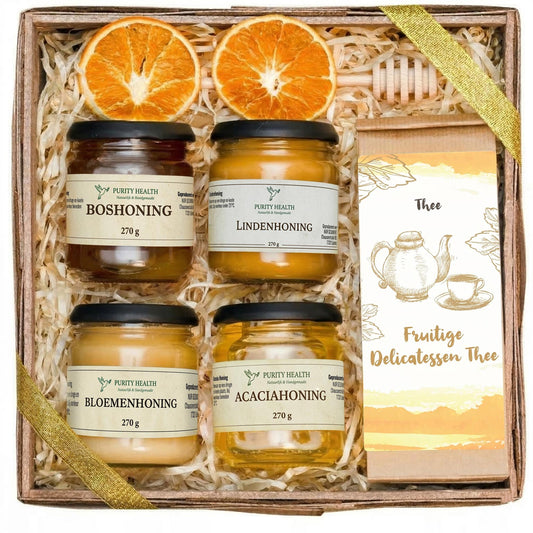 Cadeaumand met Premium Thee en Vier Soorten Honing