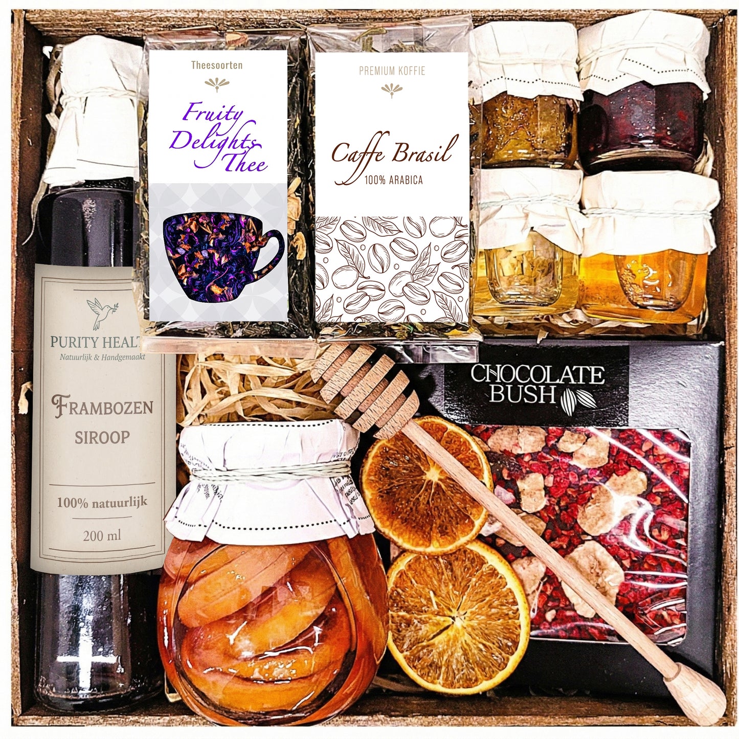 Geschenkmand met honing, thee en koffie – cadeau voor mama, papa, oma, opa, leraar, verjaardag en Moederdag