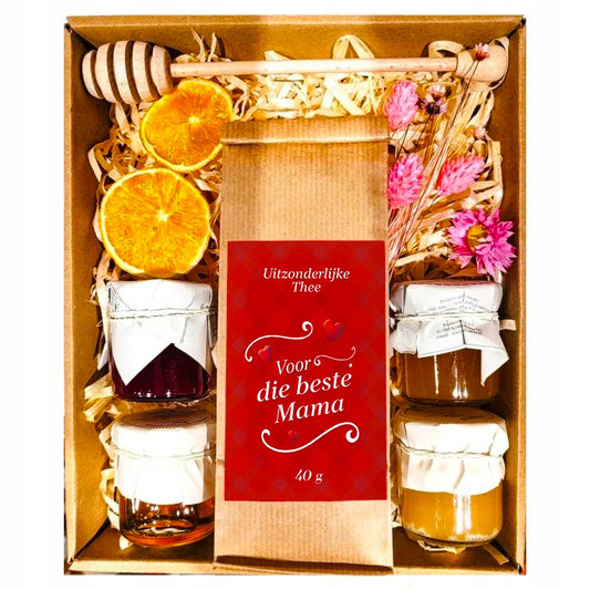 Geschenkmand voor Moederdag – thee, honing en confituur