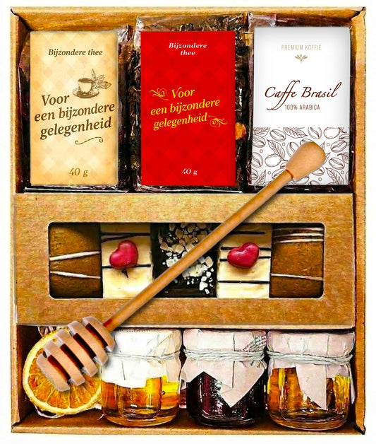 Thee-geschenkset: 2 hoogwaardige theesoorten, koffie, peperkoek, honing & fruitspread
