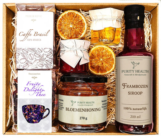 Smaakvolle Cadeaumand met Koffie, Thee, Honing, Siroop en Confituur