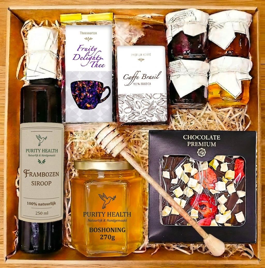 GESCHENKMAND: cadeau met thee, honing en chocolade-ei