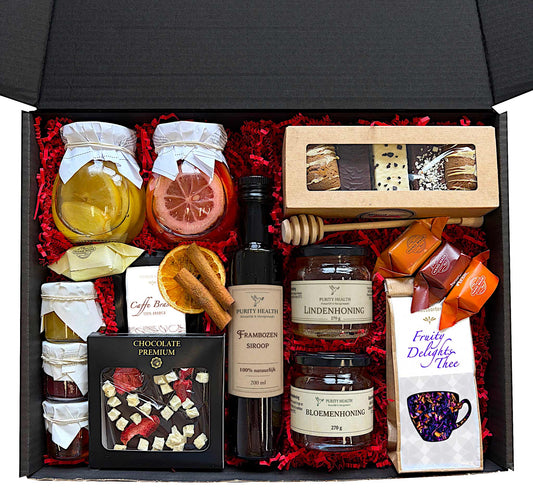 Premium Cadeaubox met Thee, Koffie, Honing, Siroop en Chocolade