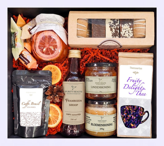 Premium Cadeaubox met Koffie, Thee, Honing, Siroop en Kruidkoeken